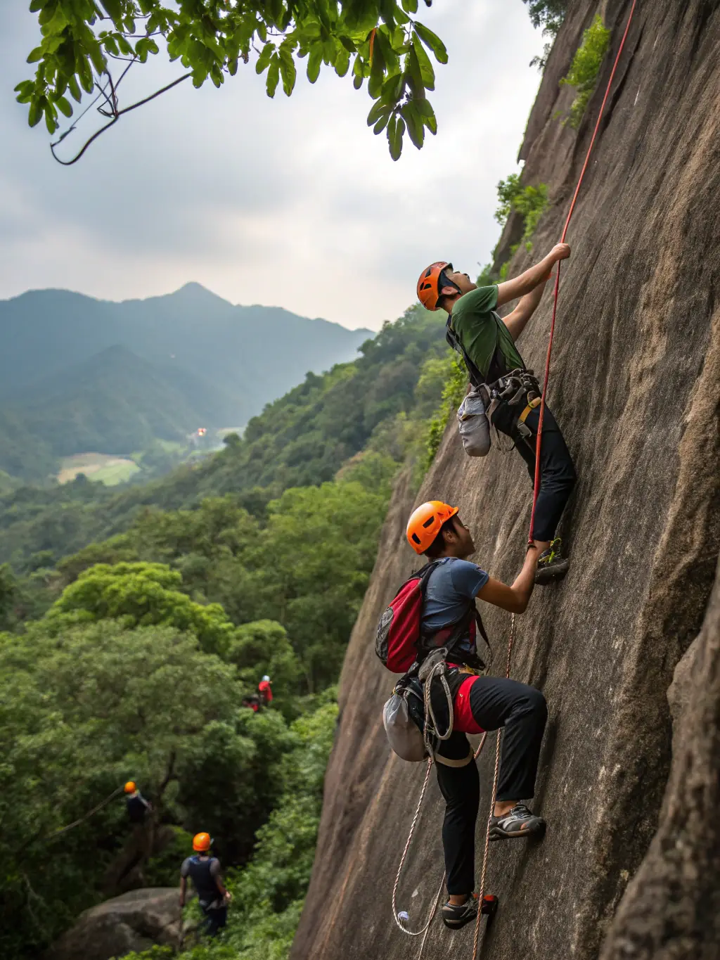 A serene image of climbers enjoying an outdoor climbing session in a natural setting, highlighting the beauty of the environment.