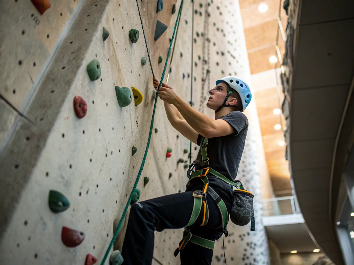 A serene image of a climber reaching the summit of an indoor climbing route, symbolizing mental resilience and achievement.