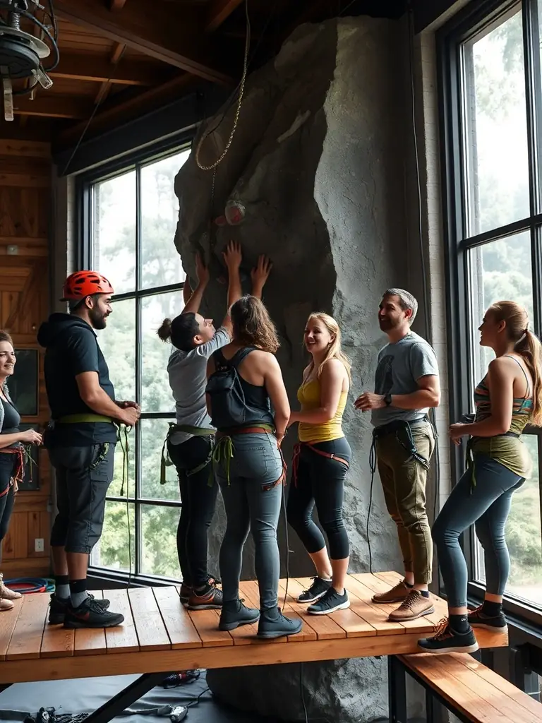 A group of climbers participating in a team-building activity at the base of a climbing wall, emphasizing collaboration and communication.