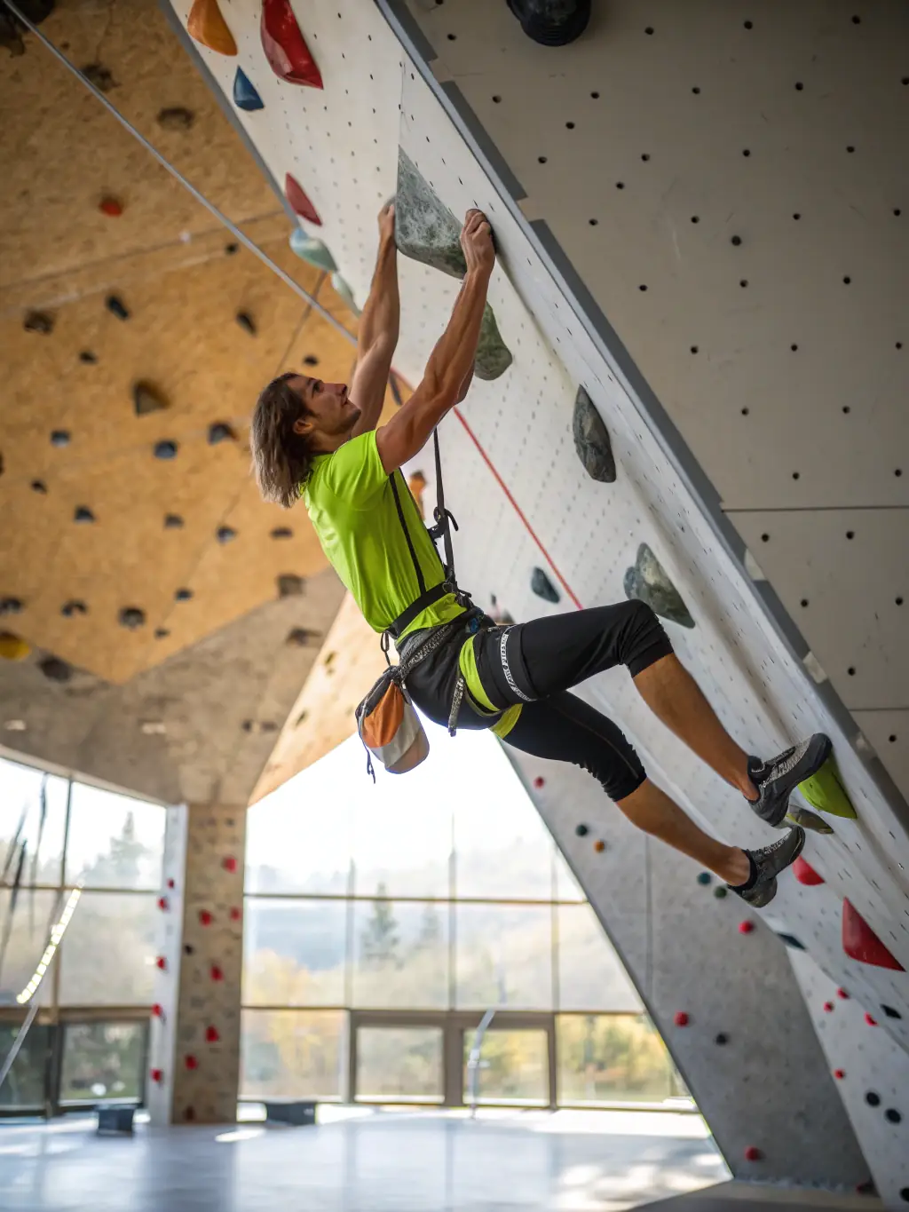 A climber reaching the top of a climbing wall, with a sense of accomplishment and determination, symbolizing personal growth and achievement.