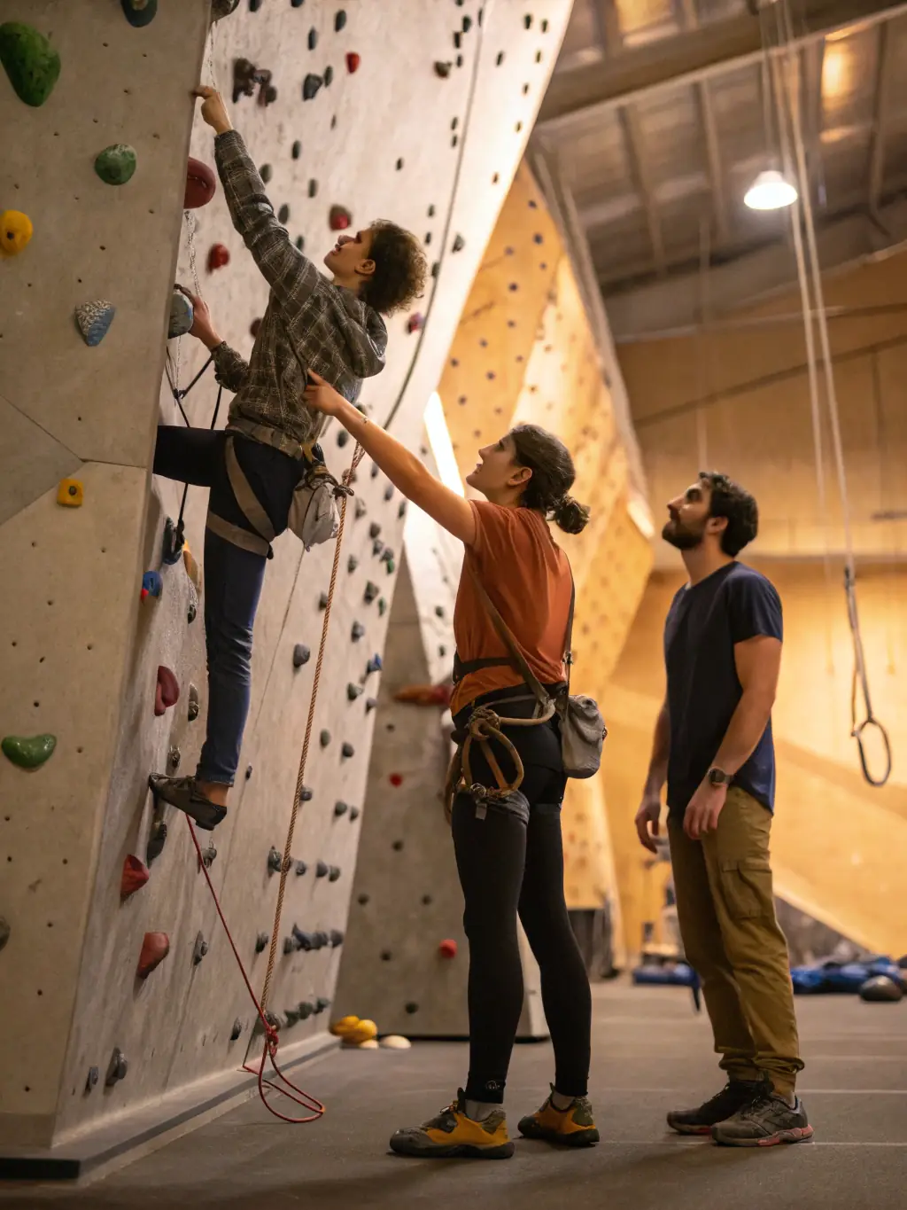 A dynamic shot of experienced climbers scaling a challenging indoor climbing wall, demonstrating advanced techniques.