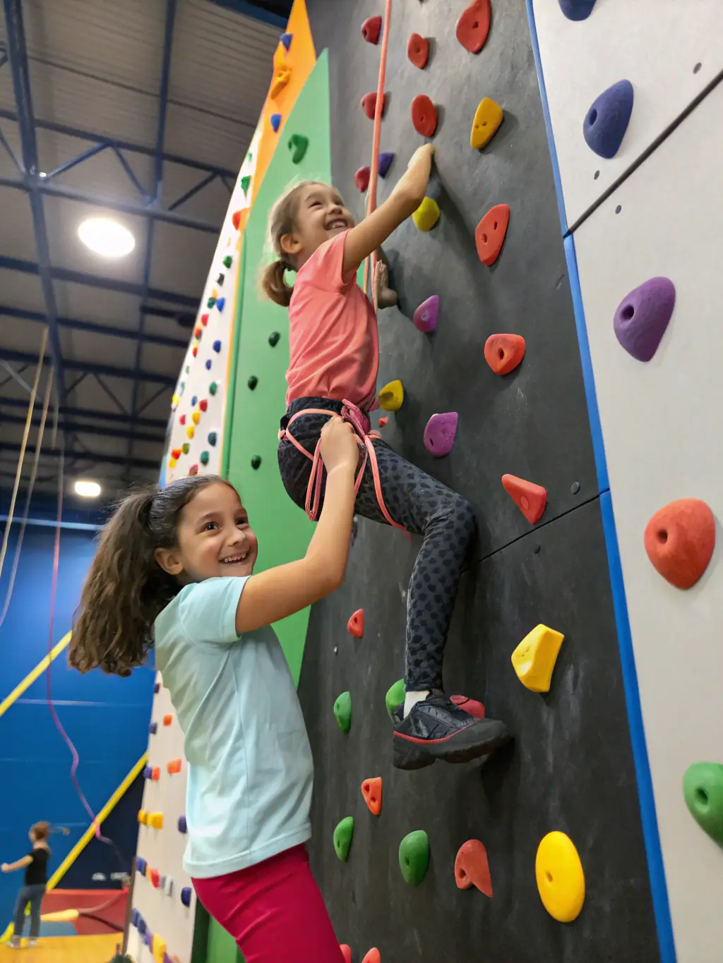 A photo of children participating in a climbing initiation program, showcasing safety harnesses and enthusiastic instructors.